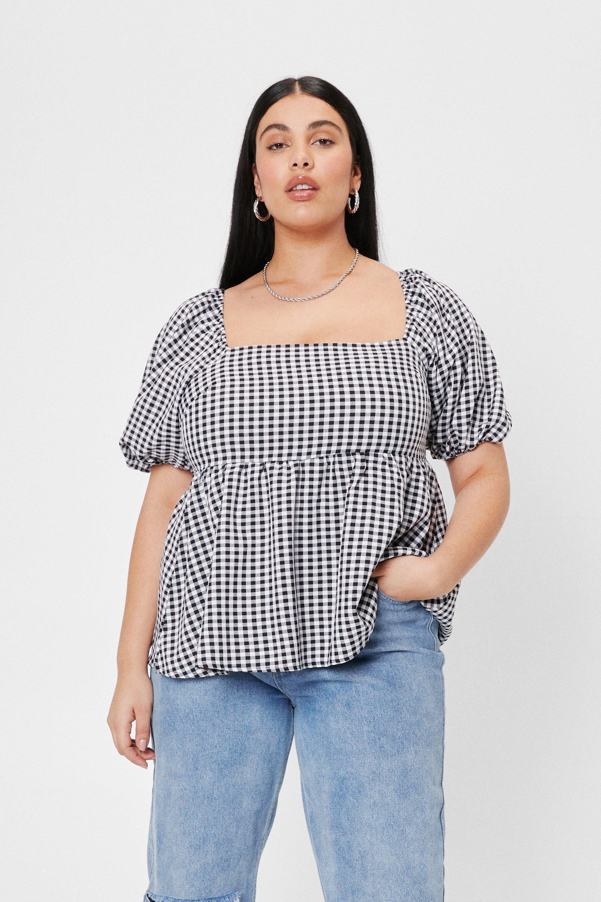 Plus Size Gingham Print Puff Sleeve Top ...